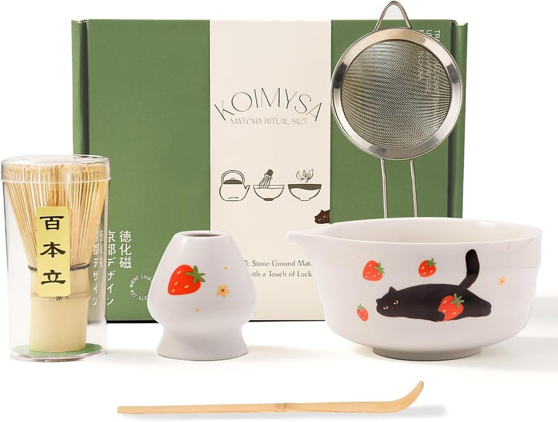 KOIMYSA Matcha Whisk Set, 5 Pcs Traditional Japanese Matcha Whisk Preparation Kit, White Glossy Ceramic Bowl with Black Cat and Strawberry Pattern - Image 1